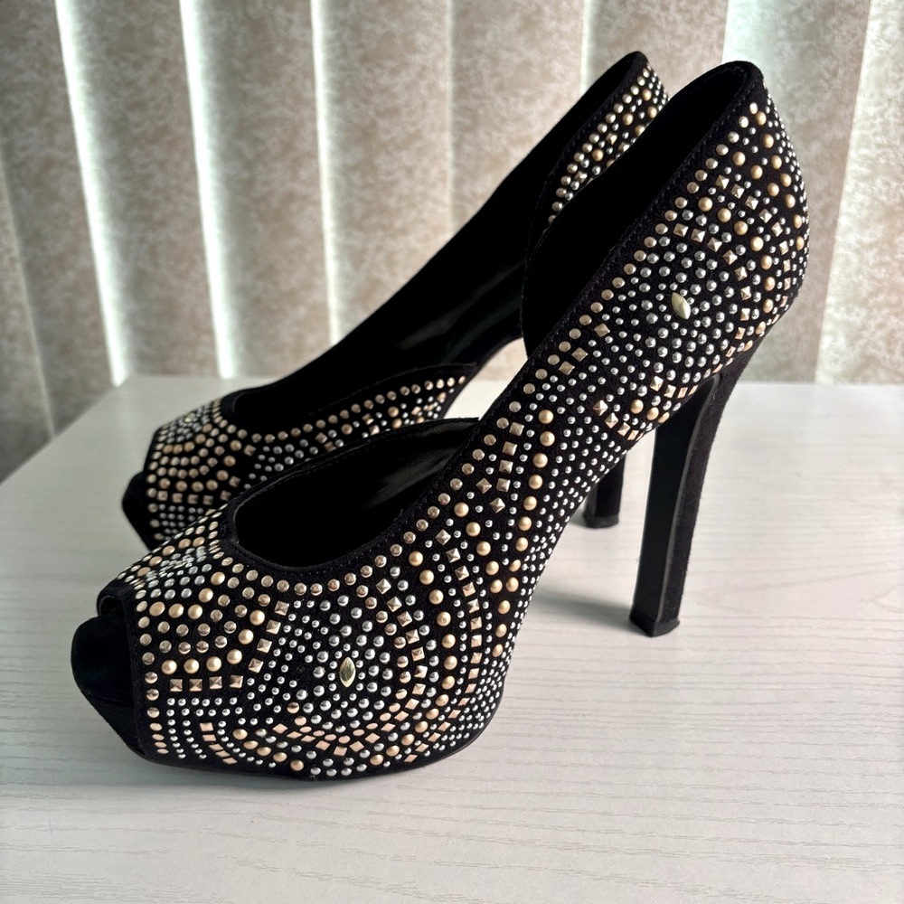 Tariff by Limelight Black Studded Peep Toe Stiletto Heels Size 8